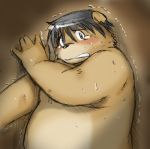  2006 anthro belly blush bodily_fluids brown_body brown_fur crying fur humanoid_hands kemono low_res male mammal overweight overweight_male scared sweat takagi_kyou tears ursid young 