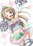  1girl :d absurdres arm_up bow breasts brown_hair character_name cheerleader collarbone elbow_gloves eyebrows_visible_through_hair gloves hair_bow headphones highres large_breasts long_hair looking_at_viewer love_live! love_live!_school_idol_project microphone midriff minami_kotori navel one_eye_closed one_side_up open_mouth pom_poms skirt skirt_lift smile solo striped striped_legwear takaramonozu takochan77 tank_top thighhighs tongue upper_teeth white_background yellow_eyes zettai_ryouiki 