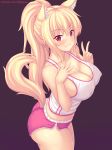  1girl animal_ear_fluff animal_ears ass bangs blonde_hair blush breasts cat_ears cat_tail collarbone commentary english_commentary eyebrows_visible_through_hair highres large_breasts long_hair looking_at_viewer nottytiffy original parted_lips red_eyes short_shorts shorts slit_pupils smile solo tail tank_top thighhighs tiffy_(nottytiffy) w watermark web_address 