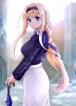  1girl alice_zuberg blonde_hair blue_bow blue_eyes blue_hairband blue_shirt blurry blurry_background bow braid facing_to_the_side hair_bow hairband highres holding long_hair long_sleeves looking_at_viewer outdoors shi-2 shirt shirt_tucked_in sidelocks skirt smile solo sword_art_online sword_art_online:_alicization umbrella very_long_hair white_skirt 