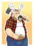  2020 absurd_res anthro antlers axe belly bottomwear brown_body brown_fur bulge cervid clothing fur harushipanda hi_res horn male mammal melee_weapon overweight overweight_anthro overweight_male pants plaid shirt simple_background solo topwear weapon 