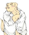  2006 anthro blush bodily_fluids brown_body brown_fur canid canine canis clothing digital_media_(artwork) domestic_dog fur kemono low_res male mammal namihira_kousuke oekaki overweight overweight_anthro overweight_male shirt solo sweat takagi_kyou topwear trouble_(series) 