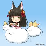  &gt;_&lt; 1girl :o animal_ear_fluff animal_ears azur_lane bangs bare_shoulders black_hair blue_background blush brown_eyes closed_eyes cloud commentary_request curry curry_rice eyebrows_visible_through_hair food fox_ears gradient gradient_background hair_ornament holding holding_plate holding_spoon jacket long_hair long_sleeves looking_at_viewer manjuu_(azur_lane) miicha nagato_(azur_lane) off_shoulder parted_lips pink_jacket plate puffy_long_sleeves puffy_sleeves rice solid_circle_eyes solo spoon twitter_username very_long_hair 