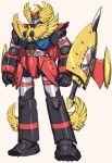  atlanger beige_background clenched_hands gattai_robo_atlanger looking_down mecha munya_(otikamohe) no_humans sheath sheathed shield solo standing super_robot sword weapon yellow_eyes 