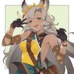  1girl animal_ears black_gloves breasts cat_ears cat_paws dark_skin erune flower flower_wreath gloves granblue_fantasy green_eyes grey_hair hair_flower hair_ornament head_wreath long_hair nemone open_mouth paws sideboob solo wuming 