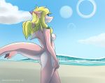  beach blonde_hair breasts brush brushing brushing_hair butt clothed clothing dorsal_fin female fin fish hair long_hair marine personal_grooming pink_body pink_skin raunchyhaunches seaside shark side_view smile styling_hair topless 