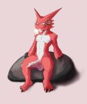  3_toes absurd_res anthro athletic athletic_anthro athletic_male balls big_penis bodily_fluids digimon digimon_(species) dinosaur dragon erection genital_fluids genitals hi_res male matidramon penis precum red_body red_scales reptile scales scalie shoutmon sitting solo sweat sweatdrop toes tongue tongue_out 