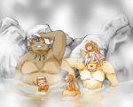  2006 anthro bathing belly blush brown_body brown_fur canid canine canis domestic_dog fur group haplorhine kemono male mammal monkey outside overweight overweight_male primate takagi_kyou ursid water 