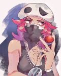  1girl collarbone commentary_request facial_mask fingernails hand_up hanenbo hat highres holding holding_poke_ball jewelry long_hair looking_to_the_side necklace pink_eyes pink_hair poke_ball poke_ball_(basic) pokemon pokemon_(game) pokemon_sm shiny shiny_hair solo spread_fingers team_skull_grunt white_headwear 