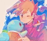  1boy bangs blue_oak blush brown_eyes closed_mouth cloud commentary_request day eyebrows_visible_through_hair gen_1_pokemon grass hanenbo holding holding_pokemon looking_to_the_side on_shoulder one_eye_closed orange_hair outdoors pokemon pokemon_(creature) pokemon_(game) pokemon_on_shoulder pokemon_rgby rattata sky spiked_hair squirtle upper_body 