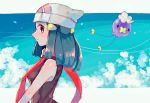  1girl bare_arms beanie black_hair closed_mouth cloud commentary_request dawn_(pokemon) drifloon flying from_side gen_4_pokemon hair_ornament hairclip hanenbo hat highres long_hair looking_at_viewer pokemon pokemon_(creature) pokemon_(game) pokemon_dppt red_scarf scarf sidelocks sleeveless smile white_headwear 