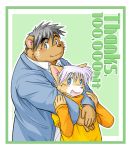  2007 anthro blue_eyes border brown_body brown_fur canid canine canis clothing domestic_dog duo fur hug hugging_from_behind humanoid_hands kemono male mammal overweight overweight_male shirt takagi_kyou text topwear ursid white_border 