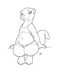  2020 anthro black_and_white bottomwear clothed clothing female flat_chested fur hi_res looking_at_viewer louart lutrine mammal midriff monochrome mustelid short_stack shorts signature simple_background sitting smile solo whiskers white_background 
