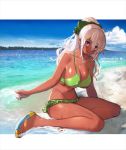  1girl beach bikini bow breasts dark_skin green_bikini green_bow hair_bow highres large_breasts long_hair looking_to_the_side mole mole_on_breast mole_under_eye ocean open_mouth original pupps purple_eyes sandals seiza sitting solo summer swimsuit tied_hair white_hair 