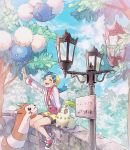  1girl arm_up bangs bike_shorts blue_hair chikorita closed_eyes cloud day furret gen_2_pokemon hanenbo highres jacket jumpluff kris_(pokemon) legs_together long_sleeves open_mouth outdoors parted_bangs pokemon pokemon_(creature) pokemon_(game) pokemon_gsc shiny shiny_hair shoes sitting sky smile starter_pokemon teeth tongue tree wall white_jacket 