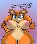  anthro badger blue_eyes breasts colored dialogue english_text female genitals hi_res jewelry looking_at_viewer mammal mobian_monster mustelid musteline necklace nipples nude pussy solo sonic_boom sonic_the_hedgehog_(series) sticks_the_jungle_badger teeth text video_games xaveknyne 