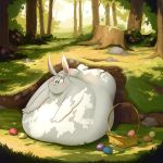  1:1 anthro basket belly better_version_at_source big_belly big_butt blush butt chubby_cheeks detailed_background easter easter_basket easter_egg forest fur hi_res holidays hyper hyper_belly lagomorph leporid lying male mammal morbidly_obese morbidly_obese_anthro morbidly_obese_male nude obese obese_anthro obese_male on_front outside overweight overweight_anthro overweight_male rabbit ridiculouscake solo stuck tree tree_stump white_body white_fur 