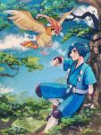  1boy blue_eyes blue_hair blue_jacket blue_shorts blush bracer clenched_hand closed_mouth cloud commentary_request day falkner_(pokemon) gen_1_pokemon hand_up hanenbo highres jacket outdoors pidgeotto pokemon pokemon_(creature) pokemon_(game) pokemon_hgss sash short_hair short_sleeves shorts signature sitting sky tree 