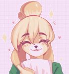  &lt;3 animal_crossing anthro blush canid canine canis clothed clothing domestic_dog eyes_closed female fur hair hi_res isabelle_(animal_crossing) mammal nintendo open_mouth resinger17 shih_tzu smile solo toy_dog video_games yellow_body yellow_fur 