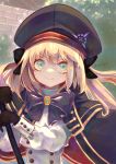  1girl artoria_pendragon_(all) artoria_pendragon_(caster) blonde_hair capelet cloak fate/grand_order fate_(series) gloves green_eyes hat holding holding_staff long_hair long_sleeves looking_at_viewer outdoors romayasu smile solo staff upper_body 