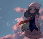  1girl arm_behind_back bag beanie blush commentary_request dawn_(pokemon) duffel_bag eyelashes from_side hair_ornament hairclip hanenbo hat highres holding_strap long_hair looking_at_viewer looking_to_the_side poke_ball_symbol pokemon pokemon_(game) pokemon_dppt red_scarf scarf sketch solo white_headwear yellow_bag 