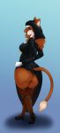  absurd_res anthro big_butt butt butt_focus clothed clothing dress felid feline female glazed hi_res lion mammal nun nun_outfit pantherine simple_background solo solo_focus standing 