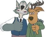  2020 4_fingers 5_fingers aardman_animations angry_eyes anthro antlers beastars canid canid_kaiba canine canis cervid claws clothed clothing domestic_dog duo fingers gesture gromit_(wallace_and_gromit) horn humor legoshi_(beastars) louis_(beastars) male mammal meme pose simple_background smile style_parody teeth thumbs_down thumbs_up wallace_(wallace_and_gromit) wallace_and_gromit wolf 
