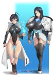  2girls ahoge bare_shoulders black_legwear black_leotard blue_eyes breasts cameltoe closed_mouth coat collarbone controller covered_collarbone covered_navel covered_nipples detached_sleeves eyebrows_visible_through_hair fingernails game_controller glowing hair_between_eyes hair_ornament hairclip highleg highres huge_breasts impossible_clothes large_breasts leotard long_hair medium_breasts multiple_girls nipple_penetration original pink_nails playstation_5 shiny short_hair smile sony standing tamada_heijun thighs tight toenails turtleneck white_coat 