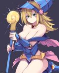  1girl bare_shoulders blonde_hair blue_footwear blush_stickers breasts choker cleavage dark_magician_girl ddangbi duel_monster green_eyes hat large_breasts long_hair pentacle solo wand wizard_hat yuu-gi-ou 