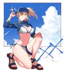  1girl artoria_pendragon_(all) baseball_cap bikini blue_headwear blue_jacket blue_sky breasts cleavage cloud cropped_jacket fate/grand_order fate_(series) fumi_fumi_(7837224) hair_through_headwear hat jacket looking_to_the_side medium_breasts mysterious_heroine_xx_(foreigner) parted_lips sandals shrug_(clothing) side-tie_bikini sky solo swimsuit white_bikini 