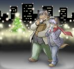  2008 anthro belly bottomwear brown_body brown_fur canid canine christmas christmas_tree clothing duo eating food fur holidays humanoid_hands kemono male mammal night outside overweight overweight_male pants scarf shirt sweater takagi_kyou topwear tree ursid 