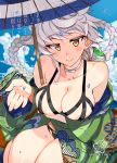  1girl areola_slip areolae asymmetrical_hair bangs bare_shoulders blue_sky blush bra braid breasts choker cleavage closed_mouth collarbone cover cover_page cupless_bra day doujin_cover japanese_clothes jitome kantai_collection kimono kusanagi_tonbo large_breasts long_hair looking_at_viewer off_shoulder open_clothes open_kimono parasol silver_hair single_braid sky smile solo umbrella underwear unryuu_(kantai_collection) very_long_hair wavy_hair yellow_eyes 