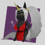  1:1 anthro big_breasts black_body black_fur breasts chibi clothing curvy_figure cute_expression dress equid equine female fur hair hi_res horn horse korwuarts looking_at_viewer mammal olexa_vrane red_clothing red_dress smile solo unicorn white_hair yellow_eyes 