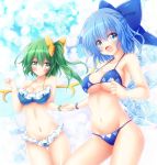  2girls :d adapted_costume alternate_breast_size ass_visible_through_thighs bangs bare_arms bare_shoulders bead_bracelet beads bikini blue_bikini blue_bow blue_eyes blue_hair blush bow bracelet breasts cirno cleavage collarbone commentary_request daiyousei dot_mouth eyebrows_visible_through_hair frilled_bikini frills green_eyes green_hair groin hair_between_eyes hair_bow highres holding_hands ice ice_wings jewelry large_bow large_breasts long_hair looking_at_viewer medium_hair multiple_girls navel open_mouth osashin_(osada) side_ponytail smile stomach swimsuit thigh_gap touhou wings yellow_bow 