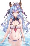  1girl animal_ears artist_name bangs bare_shoulders bikini blue_flower blue_hair blue_ribbon blush breasts brown_eyes bunny_ears cleavage erune ferry_(granblue_fantasy) flower granblue_fantasy hair_between_eyes hair_flower hair_ornament hair_ribbon highres jewelry lips long_hair looking_at_viewer medium_breasts ponytail ribbon side-tie_bikini simple_background single_earring solo standing swimsuit sxbzero wading water wavy_hair white_background 