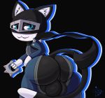  15:14 2020 alternate_costume anthro atlus backsack balls big_balls big_butt black_background black_balls black_body black_fur blue_bottomwear blue_clothing blue_eyes blue_topwear bottomwear brass_knuckles butt clothing clothing_swap dipstick_tail domestic_cat fangs felid feline felis fur genitals grey_mask hi_res huge_butt inner_ear_fluff leaning leaning_forward looking_at_viewer makoto_niijima male mammal mask megami_tensei megami_tensei_persona melee_weapon morgana_(persona) multicolored_tail not_safe_for_reality perineum presenting presenting_hindquarters rear_view simple_background solo spiked_clothing topwear tuft video_games weapon white_body white_fur white_inner_ear 