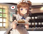  1girl :3 alternate_costume apron brown_hair drill_hair enmaided food food_on_face fork heart holding idolmaster idolmaster_million_live! idolmaster_million_live!_theater_days indoors kamille_(vcx68) looking_at_viewer maid maid_apron maid_headdress plate purple_eyes side_ponytail solo spoken_heart yokoyama_nao 