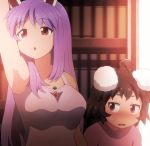  2girls :o ahoge animal_ears arm_up armpits black_hair blush breast_envy breasts bunny_ears carrot commentary highres inaba_tewi large_breasts long_hair multiple_girls purple_hair reisen_udongein_inaba shirosato sweatdrop symbol_commentary touhou 