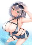  1girl akino_hamo bangs bare_shoulders bikini blue_skirt blush breasts cleavage collarbone eyewear_on_head green_eyes highres hololive large_breasts looking_at_viewer microskirt mole mole_on_breast navel parted_lips shirogane_noel short_hair silver_hair skirt sunglasses swimsuit thighs virtual_youtuber wading water wet 