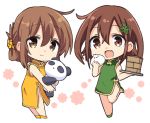  2girls bamboo_steamer bangs baozi brown_eyes brown_hair chibi china_dress chinese_clothes dress eyebrows_visible_through_hair fang folded_ponytail food green_dress green_footwear hair_between_eyes hair_ornament hizuki_yayoi holding holding_food ikazuchi_(kantai_collection) inazuma_(kantai_collection) kantai_collection leg_up multiple_girls open_mouth ponytail simple_background skin_fang standing standing_on_one_leg stuffed_animal stuffed_panda stuffed_toy white_background yellow_dress yellow_footwear 