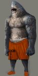  absurdres barbed_wire bloop_(gawr_gura) chain fingernails highres hololive hololive_english huke monster_boy muscle nostrils orange_shorts scar shark sharp_fingernails sharp_teeth shorts tattoo teeth 