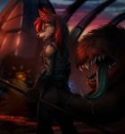  anthro canid canine canis darkflamewolf destruction ear_piercing female hi_res machine mammal piercing quarterstaff rubble solo sparks superpowers tail_maw tail_mouth taylor_renee_wolford_(darkflamewolf) temiree tongue tongue_out wolf wounded 