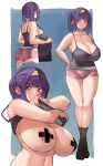  1girl areolae ass bangs bare_shoulders black_legwear blood_hood blush breasts cleavage ear_piercing full_body hairband hand_on_hip highres holding holding_clothes holding_shirt large_breasts looking_at_viewer mole mole_under_mouth multiple_views navel original piercing pink_shorts purple_hair red_eyes shirt short_twintails shorts sideboob smile socks sweat tank_top tank_top_lift tape_on_nipples thigh_gap thighs twintails yellow_hairband 