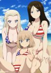  3girls absurdres american_flag_bikini beach bikini blonde_hair blue_eyes breasts brown_hair clara_(girls_und_panzer) cleavage cloud flag_print flat_chest forehead girls_und_panzer highres inoshira katyusha_(girls_und_panzer) large_breasts long_hair medium_hair multiple_girls navel nonna_(girls_und_panzer) ocean sky swimsuit 