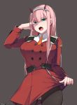  1girl breasts coat darling_in_the_franxx ddangbi green_eyes hairband horns long_hair medium_breasts oni_horns open_mouth orange_neckwear panties pink_hair red_horns solo straight_hair thighhighs underwear very_long_hair white_hairband zero_two_(darling_in_the_franxx) 