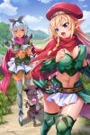  2girls alleyne_(queen&#039;s_blade) armor belt beret bikini_armor blonde_hair blue_eyes blue_hair blue_sky blush boots bouncing_breasts bow braid breasts cat cleavage covered_nipples day dress elf gloves grey_legwear hair_bow hat irma long_hair medium_breasts multiple_girls navel official_art open_mouth outdoors pink_eyes pointy_ears queen&#039;s_blade queen&#039;s_blade_unlimited queen&#039;s_blade_white_triangle running scarf short_dress short_hair side_braid skindentation sky sweat tan thigh_boots thighhighs tree very_long_hair 