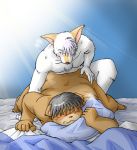  2006 anthro bed blush canid canine canis domestic_dog duo eyes_closed fur furniture kemono male mammal overweight overweight_male pillow takagi_kyou ursid white_body white_fur 