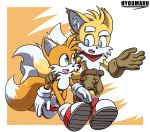  alternate_universe anthro bottomwear canid canine clothing duo fox gloves handwear hyoumaru male mammal miles_prower scarf shorts sonic_the_hedgehog_(series) 