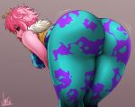  1girl absurdres artist_name ashido_mina ass ass_focus ass_shake bent_over black_sclera bodysuit boku_no_hero_academia breasts curvy fluff grey_background highres horns jmg large_breasts multicolored multicolored_bodysuit multicolored_clothes naughty_face pink_hair pink_skin signature smile thick_thighs thighs vest yellow_eyes yellow_horns 