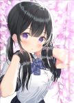  1girl bangs black_sailor_collar black_skirt blurry blurry_background blush breasts commentary_request depth_of_field eyebrows_visible_through_hair flower hands_up long_hair looking_at_viewer low_twintails medium_breasts mimikaki_(men_bow) original parted_lips pink_flower pleated_skirt purple_eyes sailor_collar school_uniform serafuku shirt short_sleeves skirt solo twintails upper_body very_long_hair white_shirt wisteria 